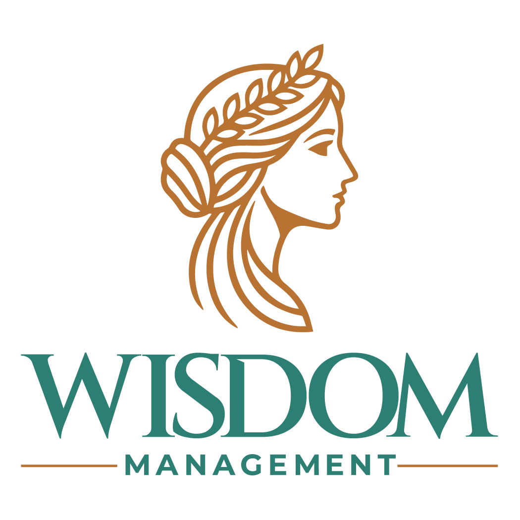 Wisdom Management logo and company name, image side view of Athena